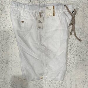 NWT  Caribbean Men White 100% Linen  Drawstring shorts  with Taupe Cord size 40